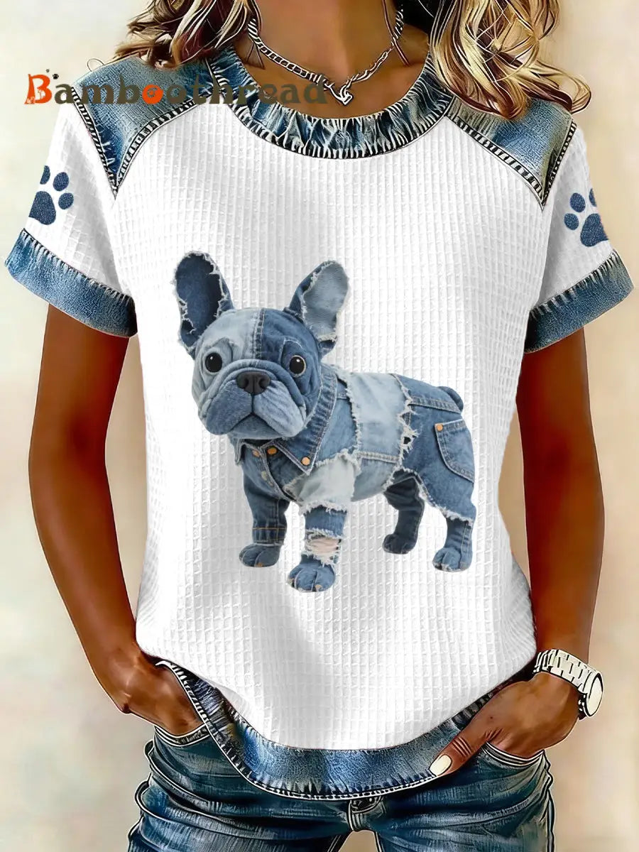 Women’s Lovely French Bulldog Pattern Denim Patchwork Top White / S