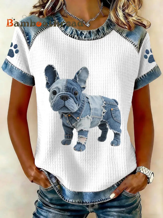 Women’s Lovely French Bulldog Pattern Denim Patchwork Top White / S