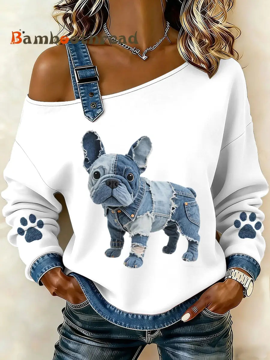 Women’s Lovely French Bulldog Pattern Denim Patchwork Top White / S