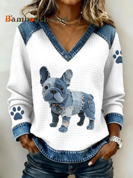 Women’s Lovely French Bulldog Pattern Denim Patchwork V-Neck Top White / S