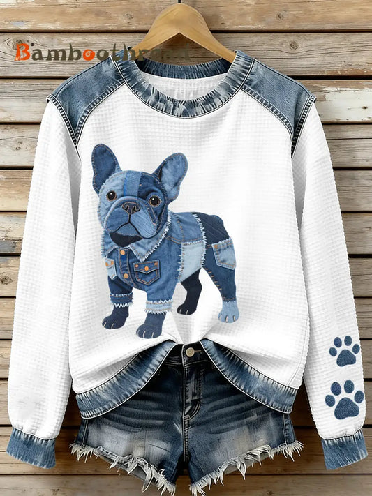 Women’s Lovely French Bulldog Pattern Denim Patchwork Waffle Sweatshirt As picture / S