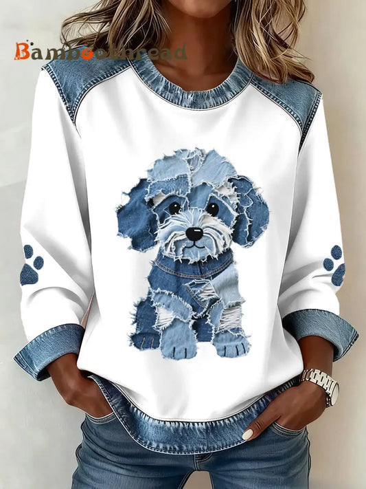 Women’s Lovely Furry Dog Pattern Denim Patchwork Art Sweatshirt White / S