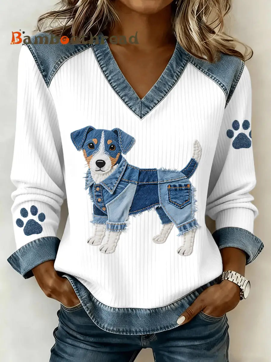 Women’s Lovely Jack Russell Terrier Dog Pattern Denim Patchwork V-Neck Top As picture / S