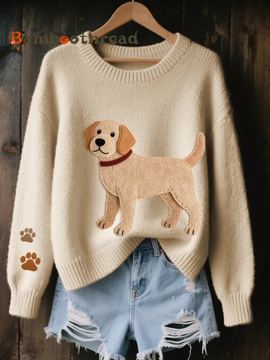 Women’s Lovely Labrador Dog Felt Art Cozy Knit Sweater Apricot / S