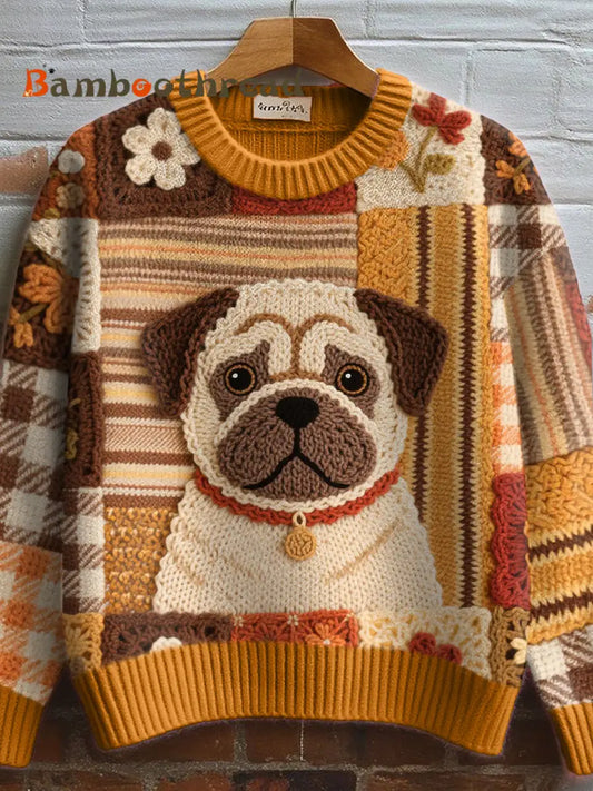 Women’s Lovely Pug Crochet Art Cozy Knit Sweater As picture / S