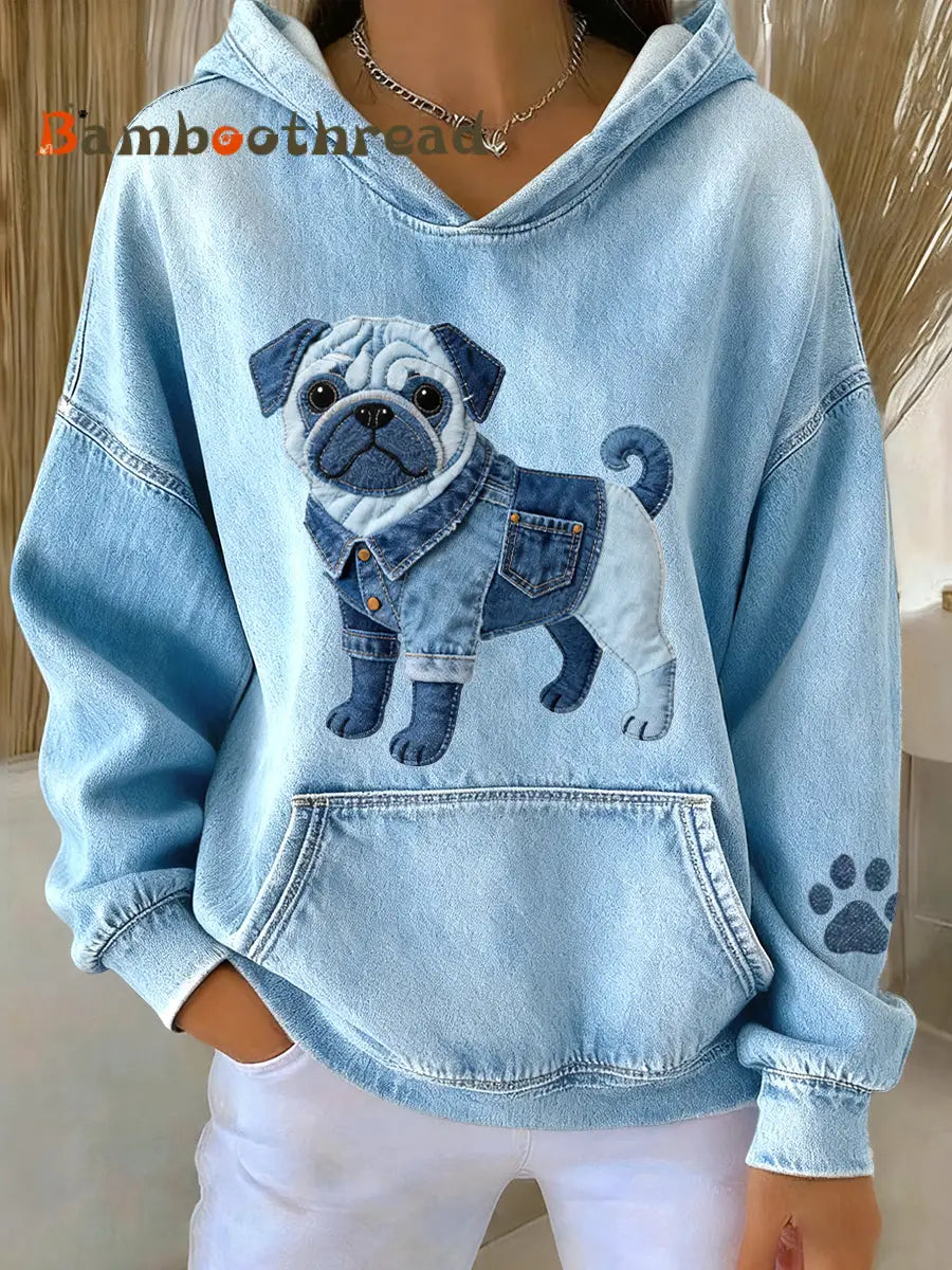 Women’s Lovely Pug Dog Denim Patchwork Pattern Hoodie Blue / S