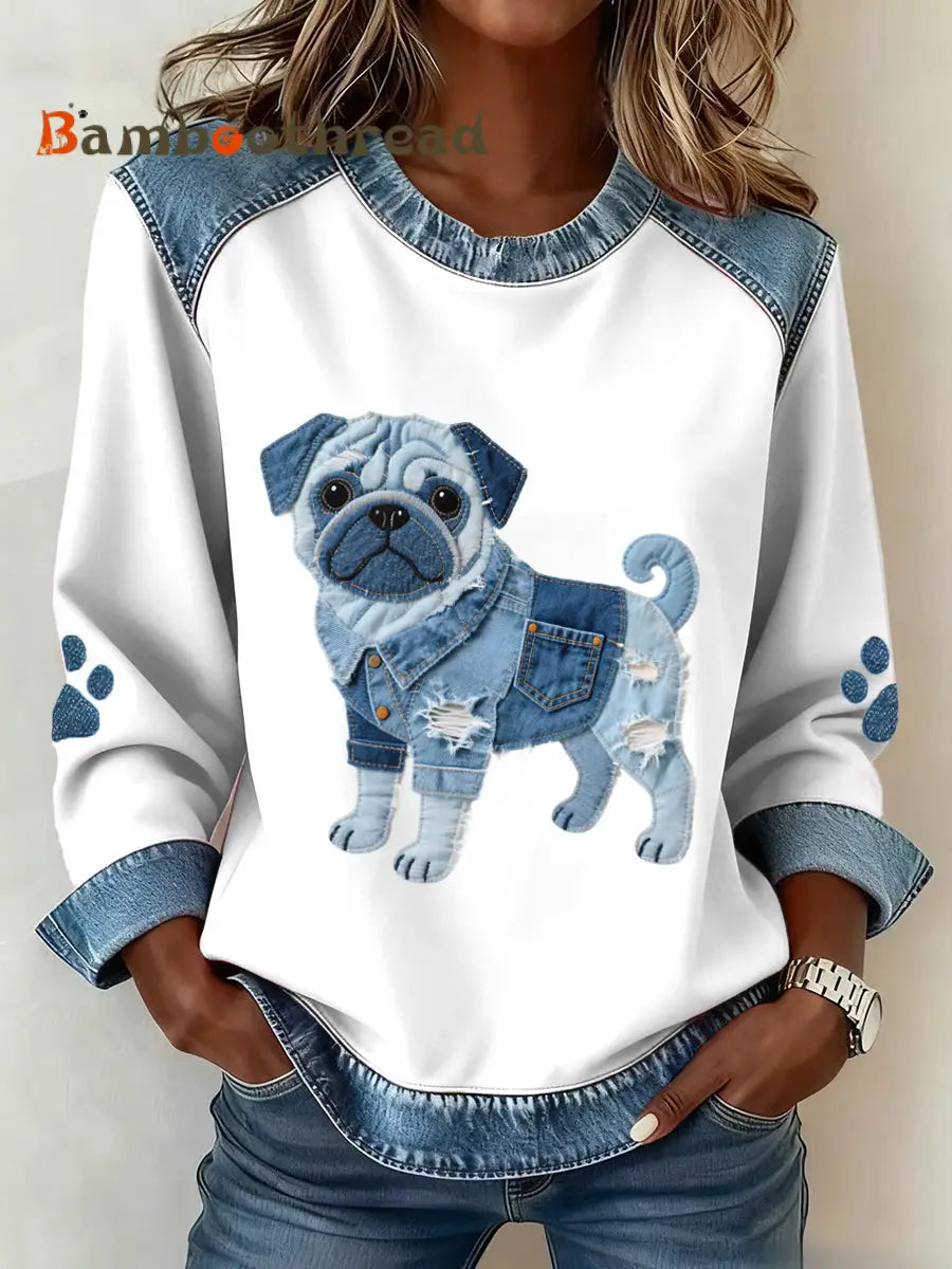 Women’s Lovely Pug Dog Pattern Denim Patchwork Art Sweatshirt White / S