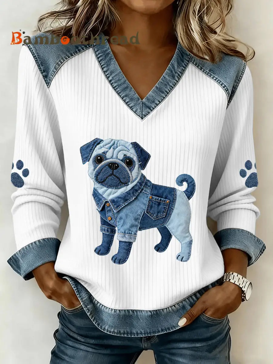 Women’s Lovely Pug Dog Pattern Denim Patchwork V-Neck Top As picture / S