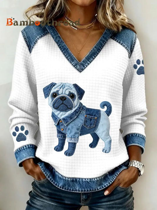 Women’s Lovely Pug Dog Pattern Denim Patchwork V-Neck Top White / S