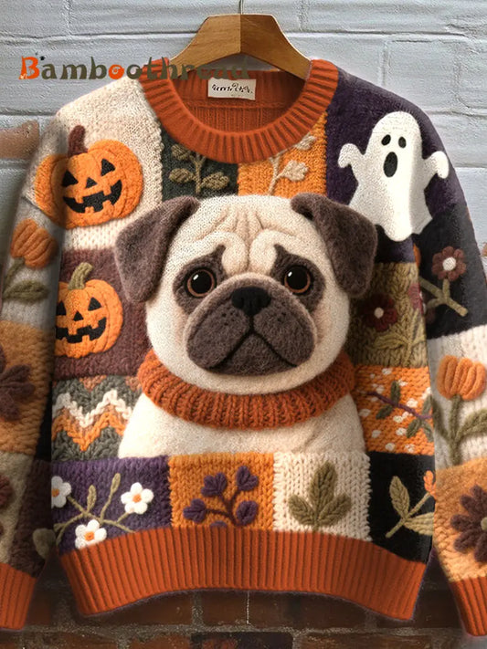 Women’s Lovely Pug Felt Art Cozy Knit Sweater As picture / S