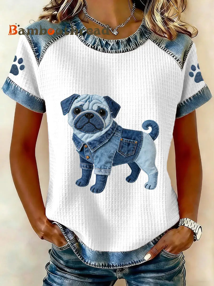 Women’s Lovely Pug Pattern Denim Patchwork Top White / S