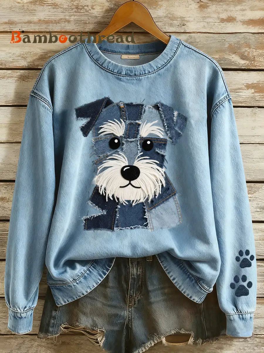 Women’s Lovely Schnauzer Dog Patchwork Art Sweatshirt Blue / S