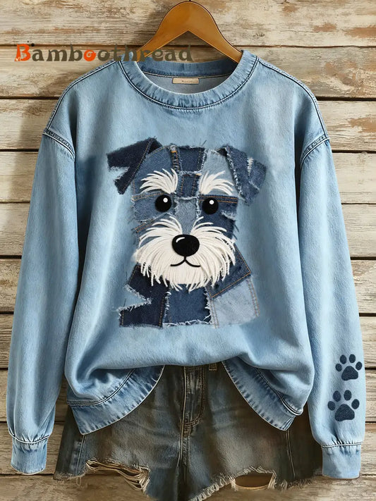 Women’s Lovely Schnauzer Dog Patchwork Art Sweatshirt Blue / S