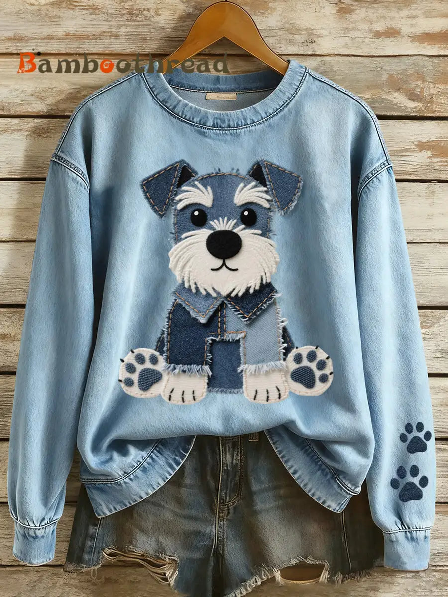 Women’s Lovely Schnauzer Dog Patchwork Art Sweatshirt Blue / S