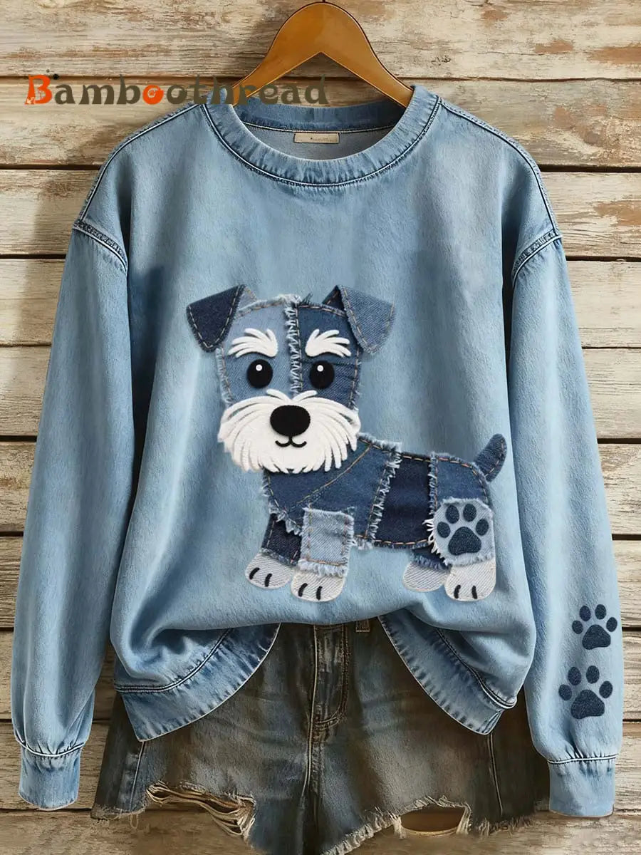 Women’s Lovely Schnauzer Dog Patchwork Art Sweatshirt Blue / S