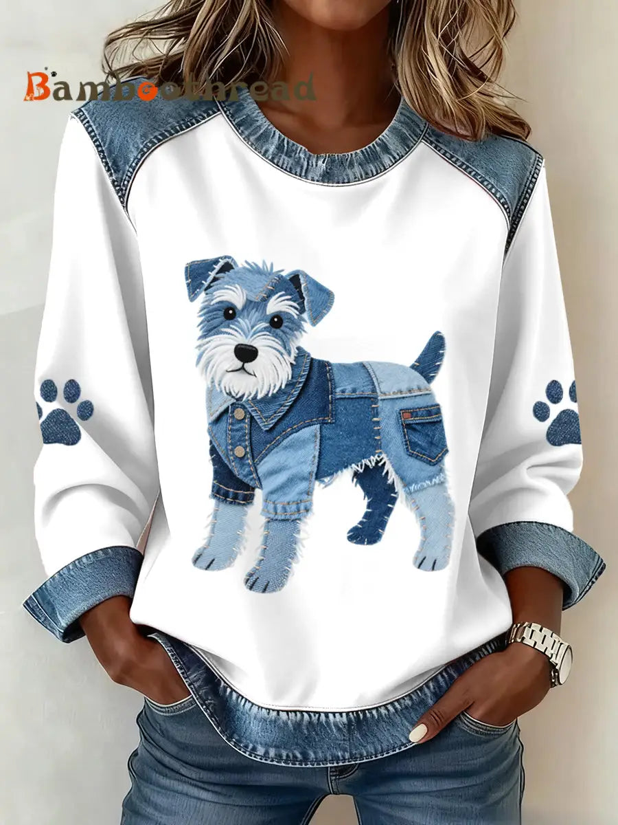 Women’s Lovely Schnauzer Dog Pattern Denim Patchwork Sweatshirt As picture / S