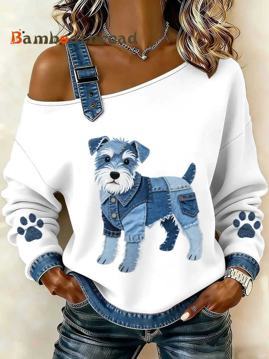 Women’s Lovely Schnauzer Dog Pattern Denim Patchwork Top White / S