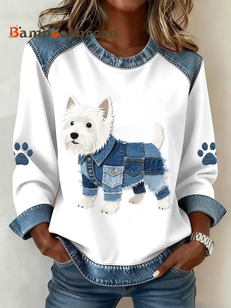 Women’s Lovely West Highland White Terrier Pattern Denim Patchwork Sweatshirt As picture / S
