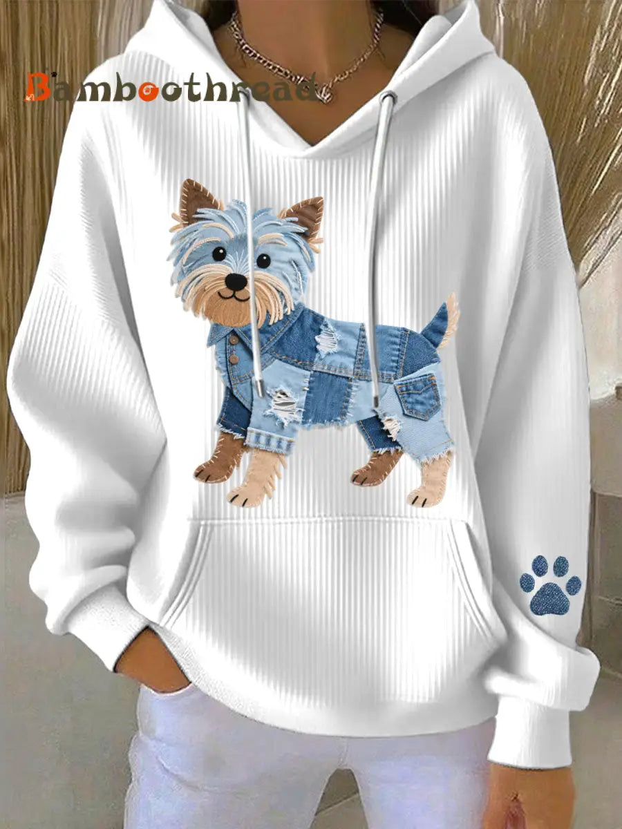 Women’s Lovely Yorkshire Terrier Dog Denim Patchwork Pattern Hoodie White / S