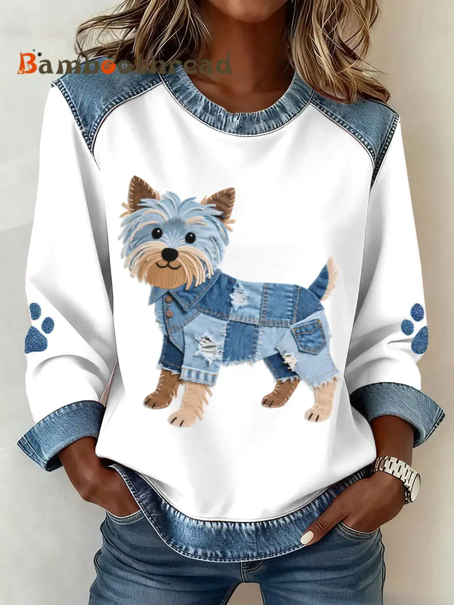 Women’s Lovely Yorkshire Terrier Dog Pattern Denim Patchwork Sweatshirt White / S