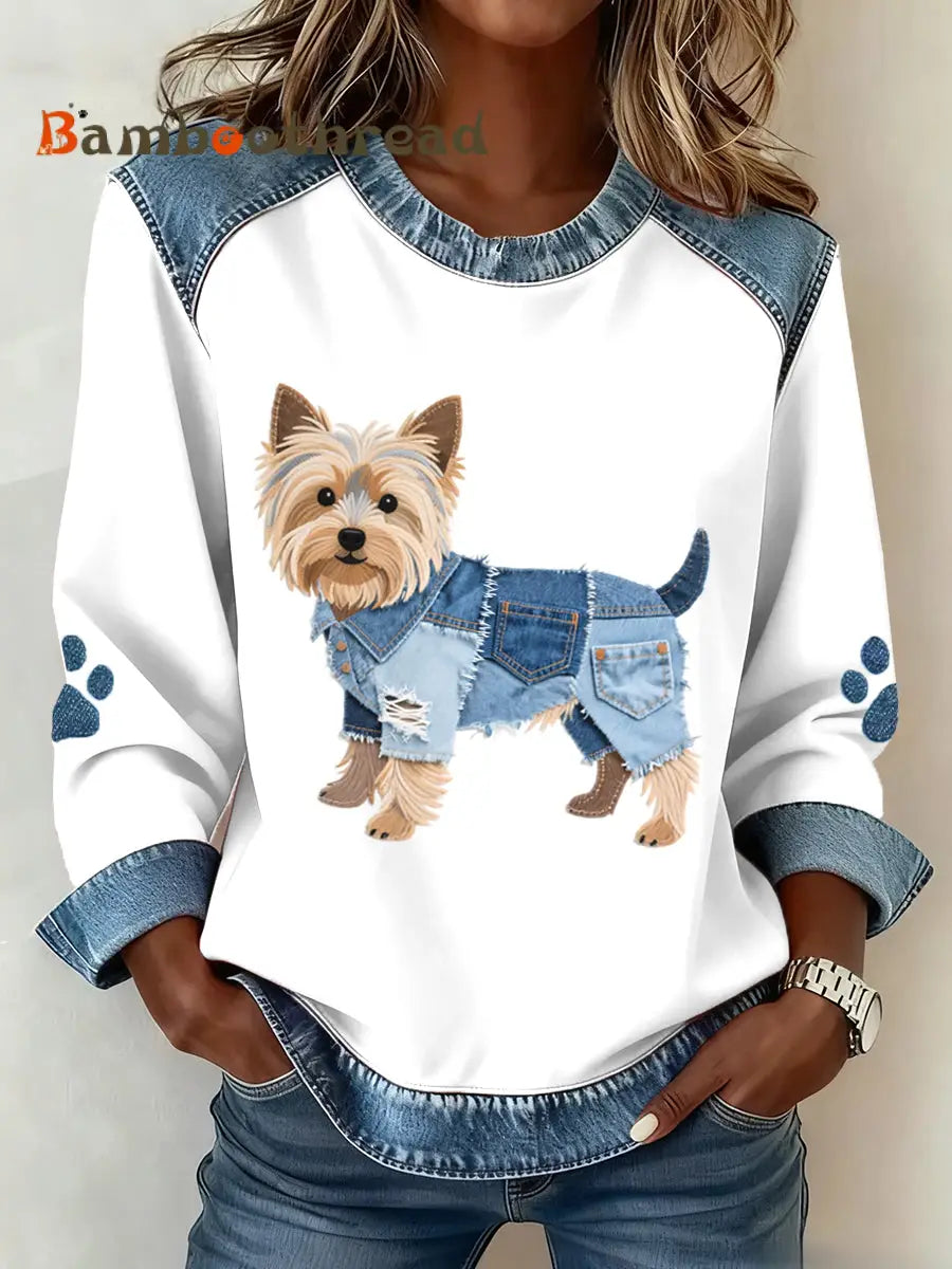 Women’s Lovely Yorkshire Terrier Dog Pattern Denim Patchwork Sweatshirt White / S