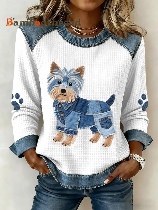 Women’s Lovely Yorkshire Terrier Dog Pattern Denim Patchwork Waffle Sweatshirt White / S