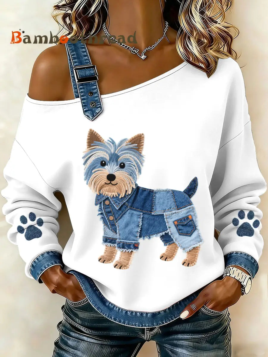 Women’s Lovely Yorkshire Terrier Pattern Denim Patchwork Top White / S