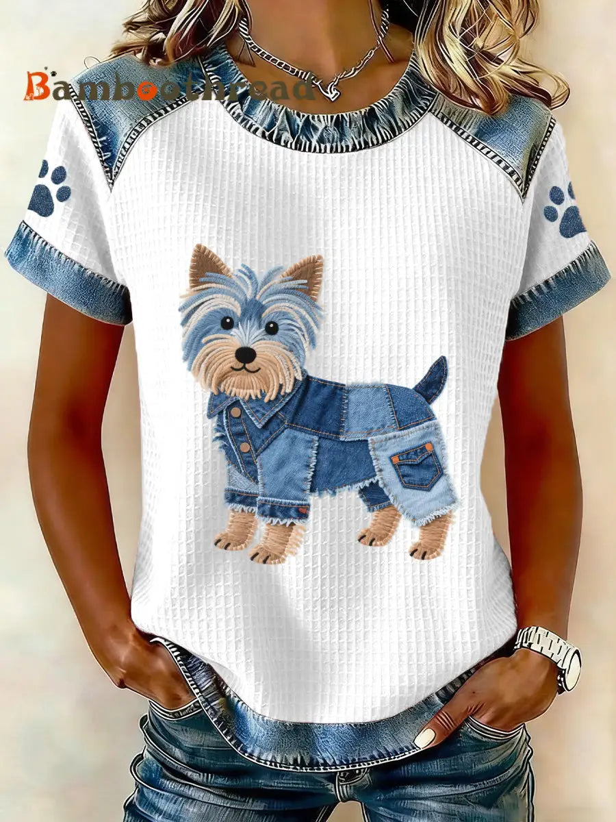 Women’s Lovely Yorkshire Terrier Pattern Denim Patchwork Top White / S