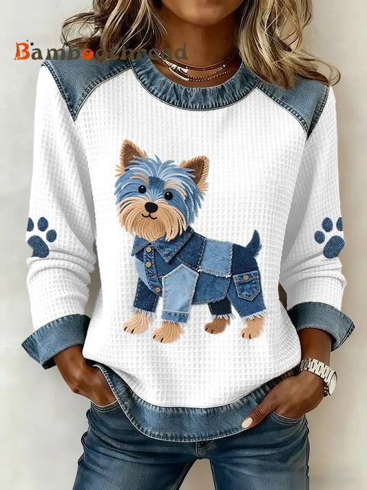 Women’s Lovely Yorkshire Terrier Pattern Denim Patchwork Waffle Sweatshirt White / S