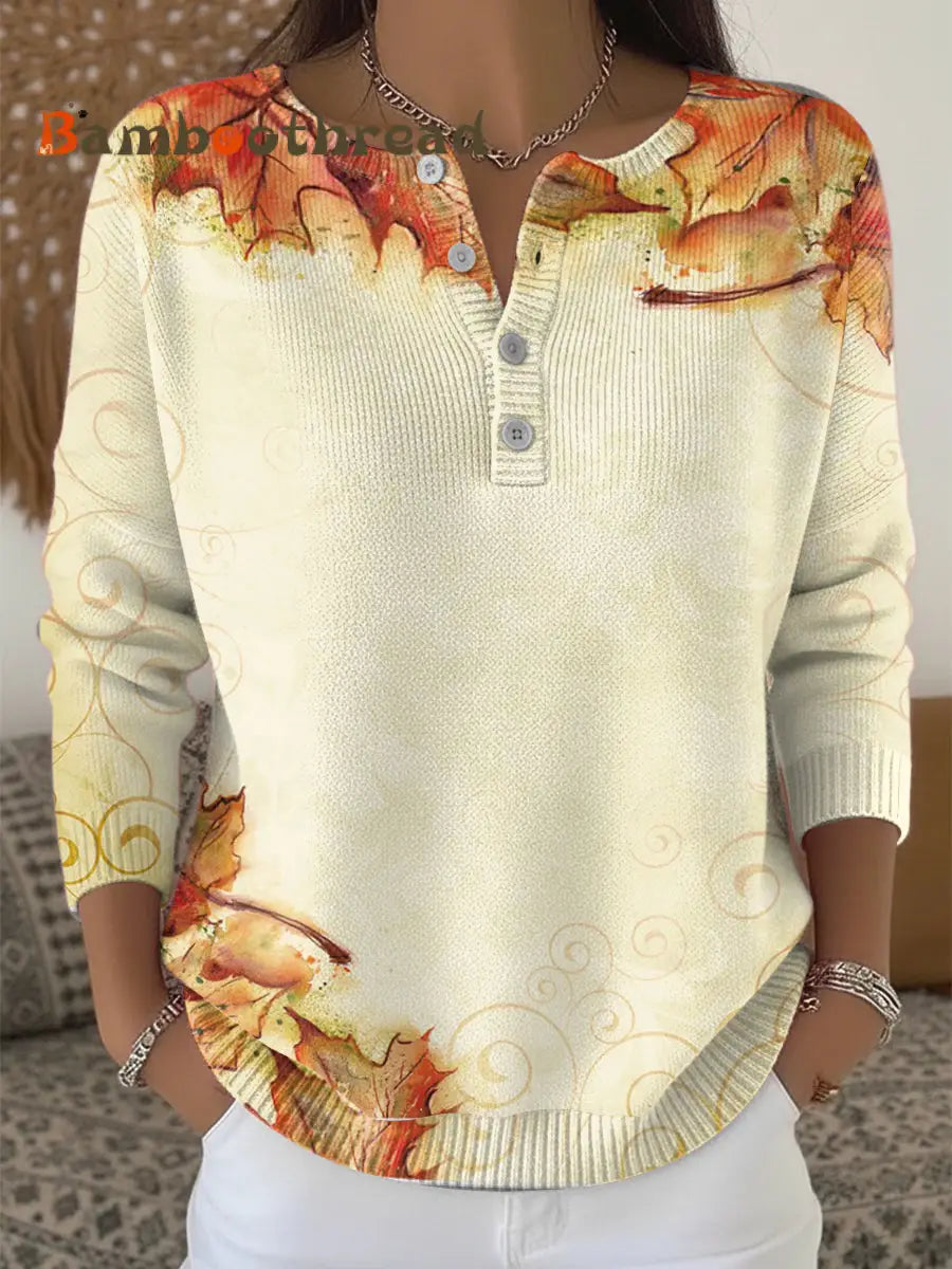 Women’s Maple Leaf Print Henley neck sweater Yellow / S