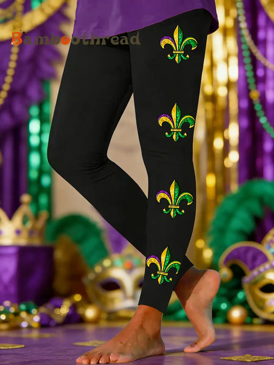 Women’s Mardi Gras Fleur De Lis Print Velvet Leggings Black / S