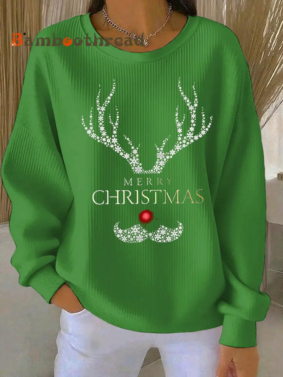 Women’s Merry Christmas print Ribbed Round-Neck Sweatshirt Green / S