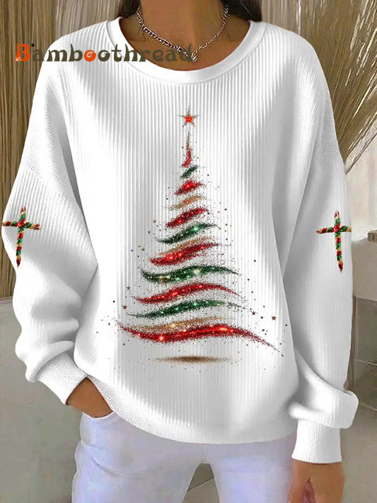 Women’s Merry Christmas Christmas Tree Cross Ribbed Round-Neck Sweatshirt White / S