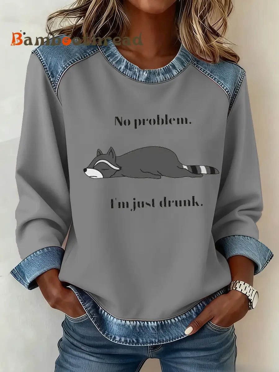 Women’s No Problem I’m Just a Drunk Denim Patchwork Top Gray / S