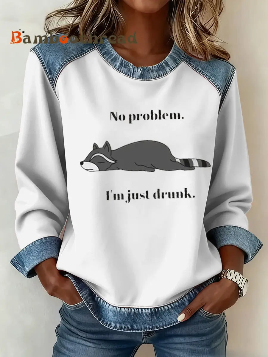 Women’s No Problem I’m Just a Drunk Denim Patchwork Top White / S