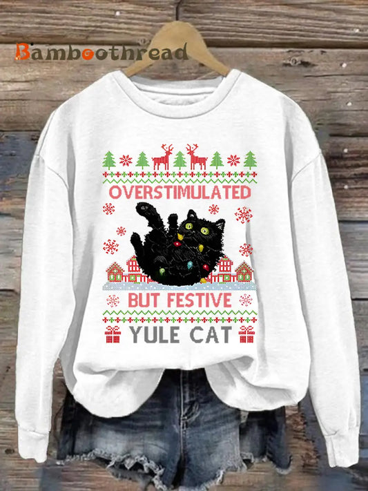 Women’s Overstimulated But Festive Yule Cat Christmas Art Print polyester sweatshirt White / S