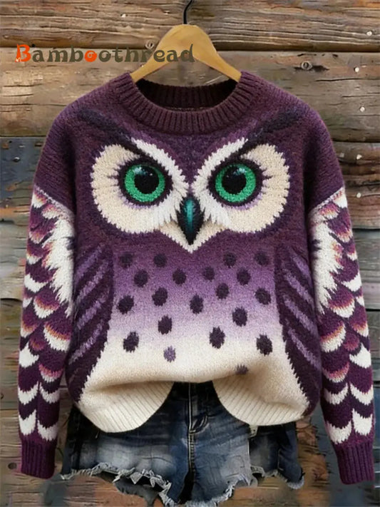 Women’s Owl Art Print Casual Top Purple / S