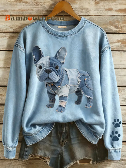 Women’s Patchwork Art French Bulldog Pattern Sweatshirt Blue + Cap / S