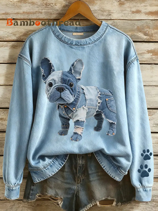 Women’s Patchwork Art French Bulldog Pattern Sweatshirt Blue + Cap / S