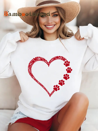 Women’s Paw Heart Print Cat Lovers Valentine’s Day Casual Sweatshirt White / S