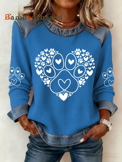 Women’s Paw Heart Print Dog Lovers Valentine’s Day Casual Denim Patchwork Top Blue / S