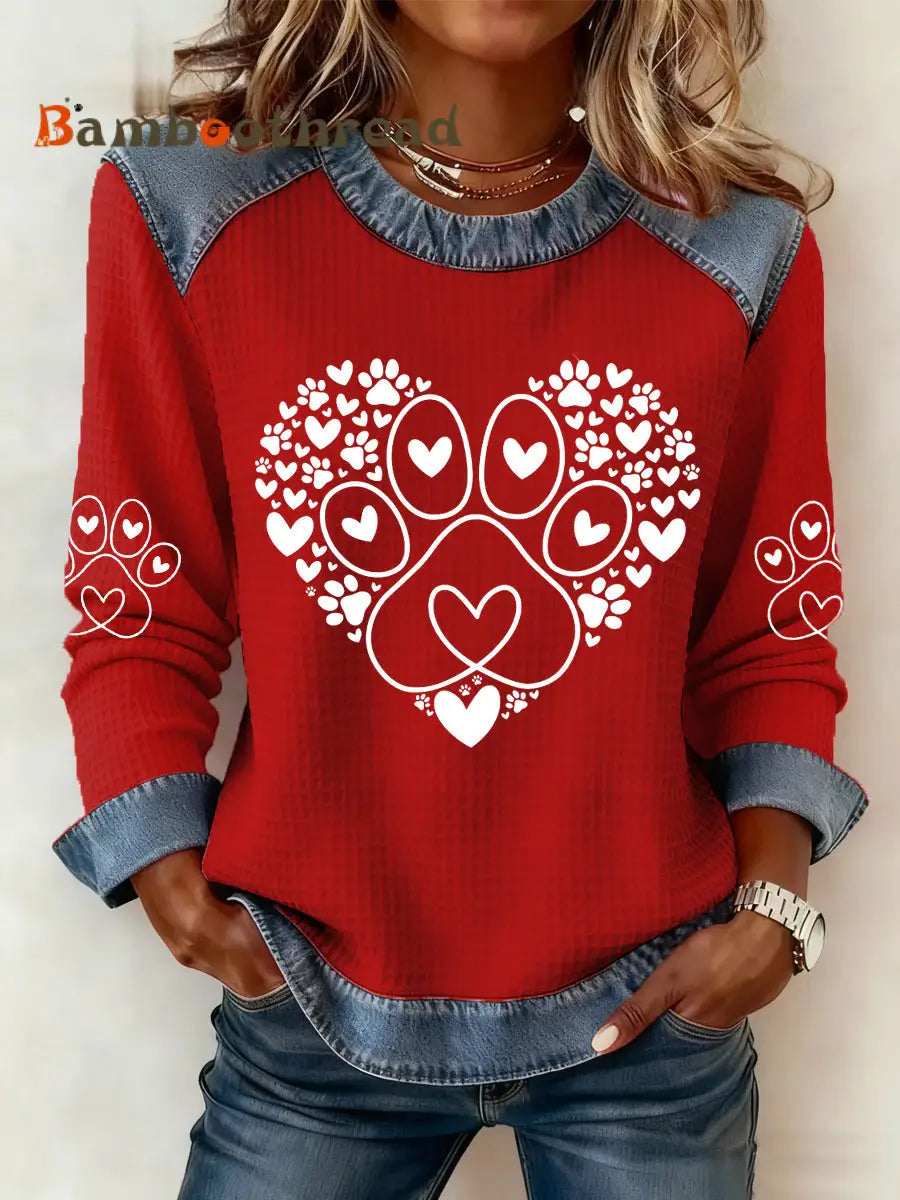 Women’s Paw Heart Print Dog Lovers Valentine’s Day Casual Denim Patchwork Top Red / S