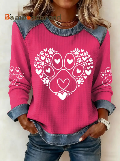 Women’s Paw Heart Print Dog Lovers Valentine’s Day Casual Denim Patchwork Top Rose Red / S