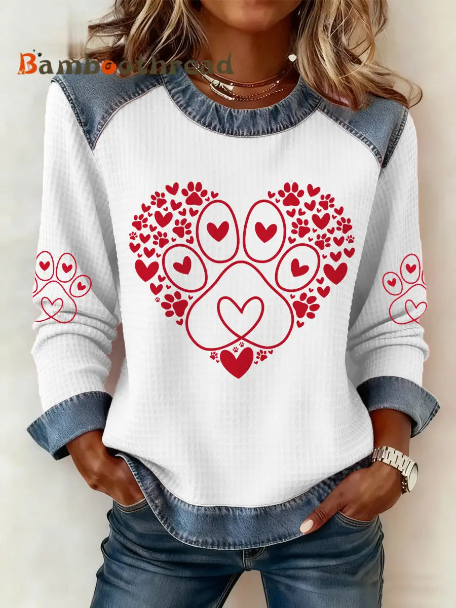 Women’s Paw Heart Print Dog Lovers Valentine’s Day Casual Denim Patchwork Top White / S