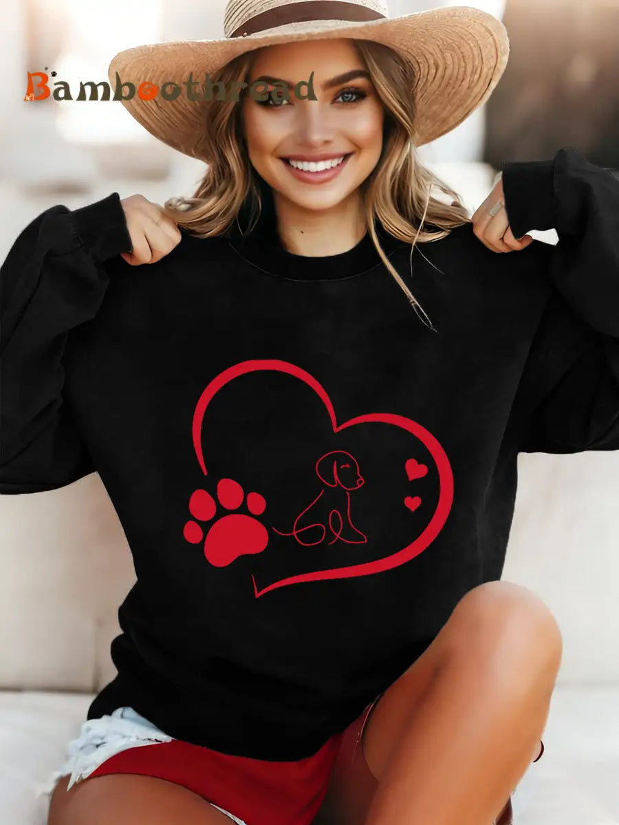 Women’s Paw Heart Print Dog Lovers Valentine’s Day Casual Sweatshirt Black / S
