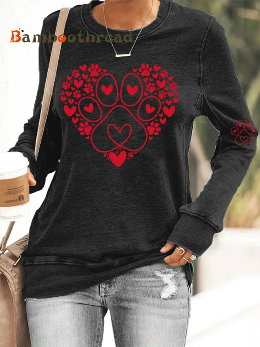 Women’s Paw Heart Print Dog Lovers Valentine’s Day Casual Sweatshirt Black / S