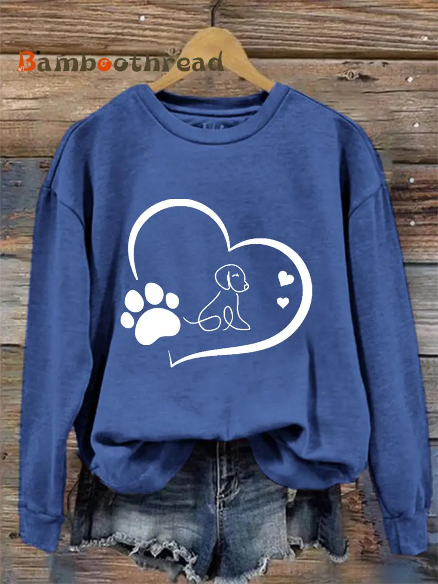 Women’s Paw Heart Print Dog Lovers Valentine’s Day Casual Sweatshirt Blue / S