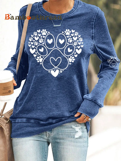 Women’s Paw Heart Print Dog Lovers Valentine’s Day Casual Sweatshirt Blue / S