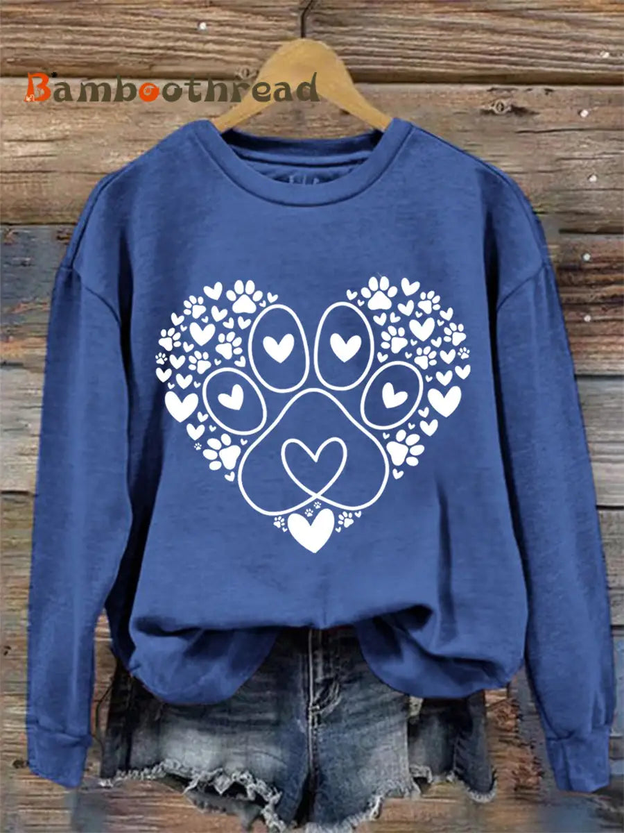 Women’s Paw Heart Print Dog Lovers Valentine’s Day Casual Sweatshirt Blue / S