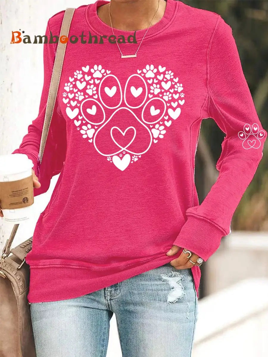 Women’s Paw Heart Print Dog Lovers Valentine’s Day Casual Sweatshirt Dark Pink / S